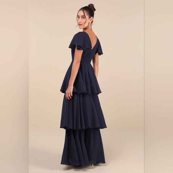 Lulus Sincerely Exquisite Navy Blue Short Sleeve Tiered Maxi Dress S Wedding - Picture 5 of 9